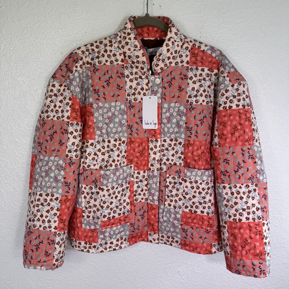 Sadie Sage Jacket Women Small Floral Patchwork Quilted Crop Coat Boho Puffer NEW